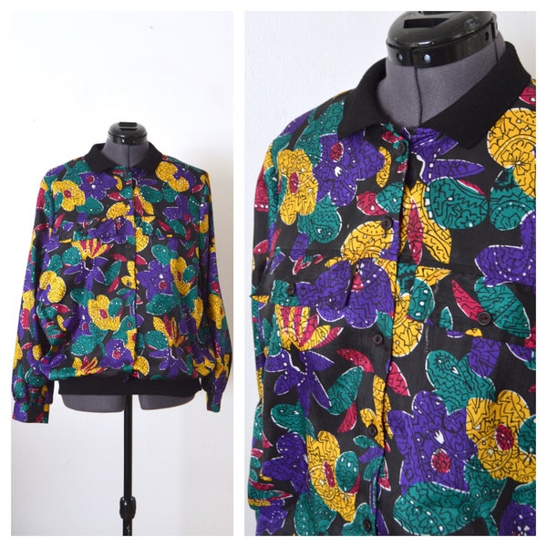 80s Abstract Print Blouse LAUREN LEE WOMAN 1980s Blouson Top | Yellow Purple Crinkle Shirt