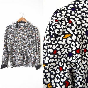 VTG 80er Jahre SekretärBluse | Schwarz & weiß Button Down Long Sleeve Top | Gemusterte New Wave Shirt 80er Jahre Puff Ärmel Shirt seidig Bluse Größe S/M