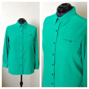 90s SAG HARBOR Green Shirt | Kelly Green Button Down Collared Blouse | Long Sleeve | Women&#39;s Size Large