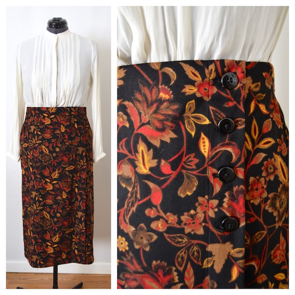 Fall Floral Wrap Skirt | Black Floral Midi Skirt | Autumn Fall Patterned Skirt CHRISTOPHER & BANKS Size 10
