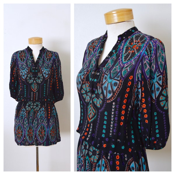 90s Boho Blouson Tunic Top Mini Dress | Abstract Floral Patterned Tribal Print Rayon Tunic Elastic Waist Blouse ANGIE Size XS Small