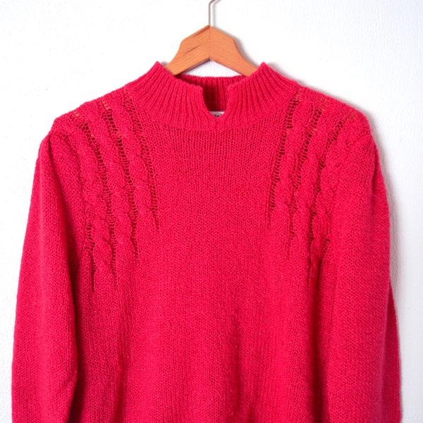 1980s Pink Knit Sweater | 80s Cable Knit Sweater | Raspberry Pink Chunky Knit Pullover Sweater | Puff Sleeve Mock Neck Sweater Size Large XL