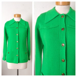 Vintage 60s 70s Lime Green Cardigan Sweater | 1970s Collared Sweater Button Down | Acrylic Knit ATKINS