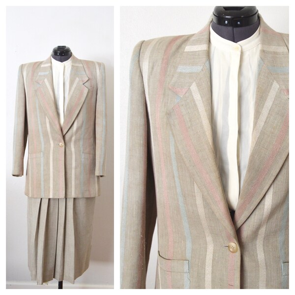 80s Linen and Rayon Striped Blazer in White and Tan by Causal Corners