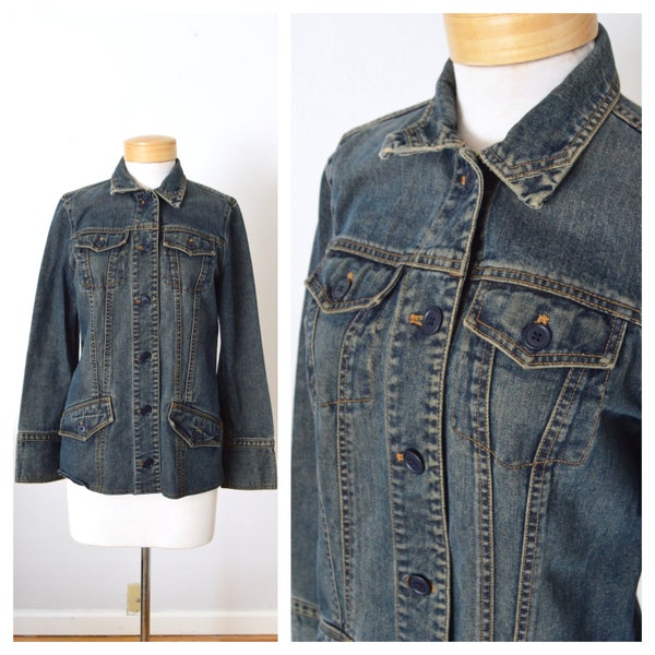 90s GAP Denim Jacket | Women's Denim Chore Jacket | Dark Stone Wash Jean Jacket | Denim Ranch Jacket