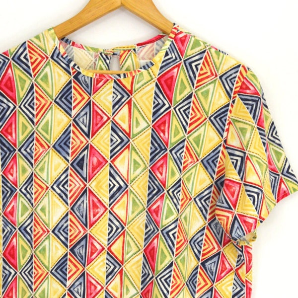 Vintage 80s Tribal Print Blouse | Primary Colors Geometric Short Sleeve Shirt | Colorful African Patterned Top | Blair Boutique | Sz Lg