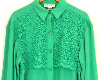 Vintage 80s Mint Green Lace Button Down Blouse | Green Silky Secretary Shirt | Long Button Down Dress Shirt | SG Sport Made in USA | Med Lg