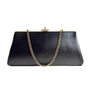 Vintage 60s Black Evening Bag | Imitation Leather Clutch Purse | Black Faux Leather Chain Clutch | Little Black Bag | Hollywood Regency
