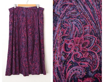 80s Purple Paisley Midi Skirt KORET Rayon Paisley Print Skirt | Women's Size XXL