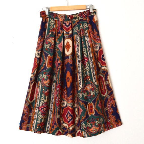 80s Boho India Print Skirt | A Line Pleated Midi … - image 2