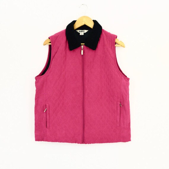 Vtg 80s Hot Pink Vest | Faux Suede Fur Collar Pink Quilted