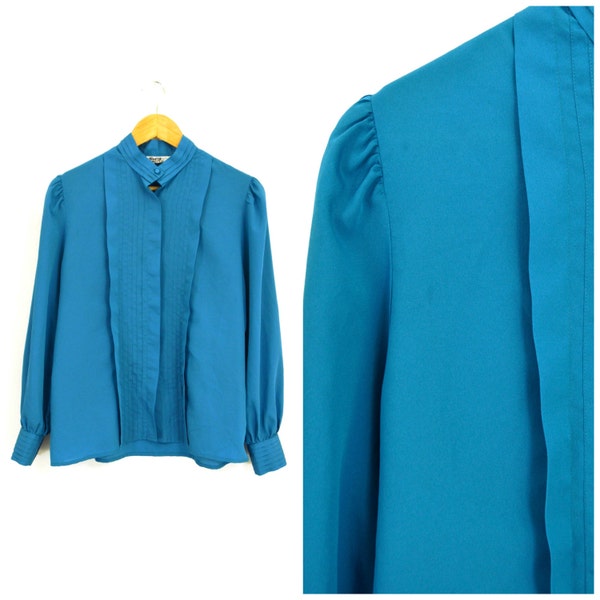 Vintage 70s Top Teal Blue Secretary Blouse | Long Sleeve Button Down Pleated Top | High Neck Mandarin Collar Polyester Shirt Silky Top M/L