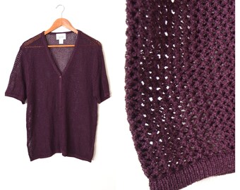 90s Purple Knit Cardigan Sweater CHRISTOPHER & BANKS Lacy Knit Cardigan | Short Sleeve | Button Down | Size Large
