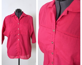 90s Fuschia Pink Dolman Sleeve Blouse | Pink Pinstripe Button Up Collared Dress Shirt CABRAIS