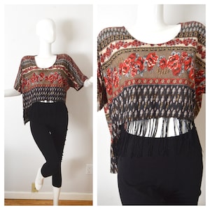 Floral Fringe Crop Top | Boho High Low Blouse Belly Shirt Women&#39;s Size Large XL