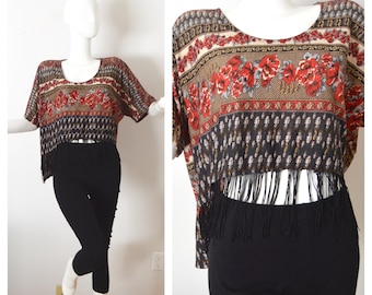 Floral Fringe Crop Top | Boho High Low Blouse Belly Shirt Women&#39;s Size Large XL