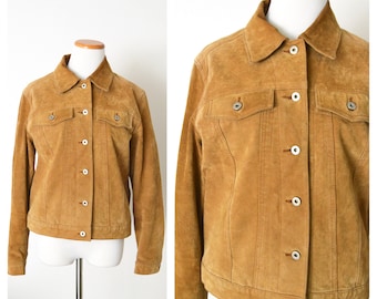 90s Suede Jacket Womens Ranch Jacket | Button Down Leather Jacket | Camel Brown | Size Small