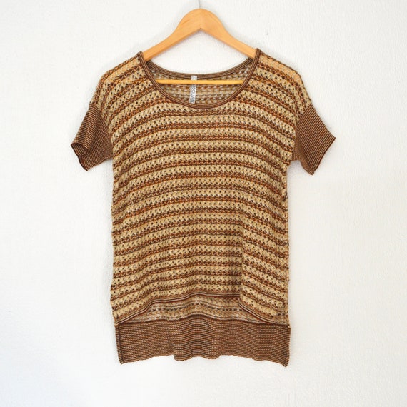Brown Crochet Knit Blouse Short Sleeve Open Knit … - image 3