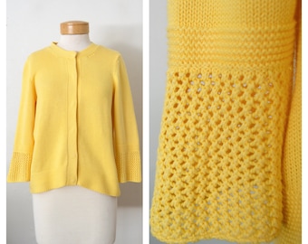 90s Sunny Yellow Cardigan Sweater | Cotton Knit Sweater | Snap Button Down Cardigan FOXCROFT
