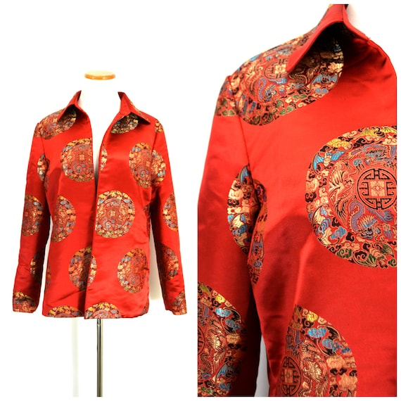 Vintage Red Silk Jacket | Chinese Silk Dragon Jac… - image 1