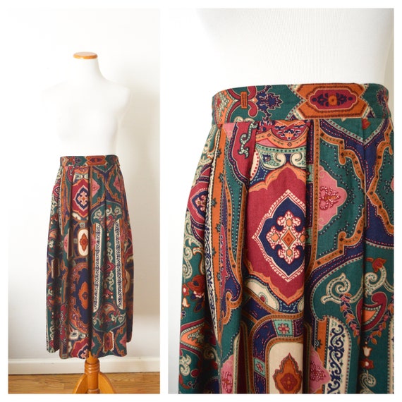80s Boho India Print Skirt | A Line Pleated Midi … - image 8