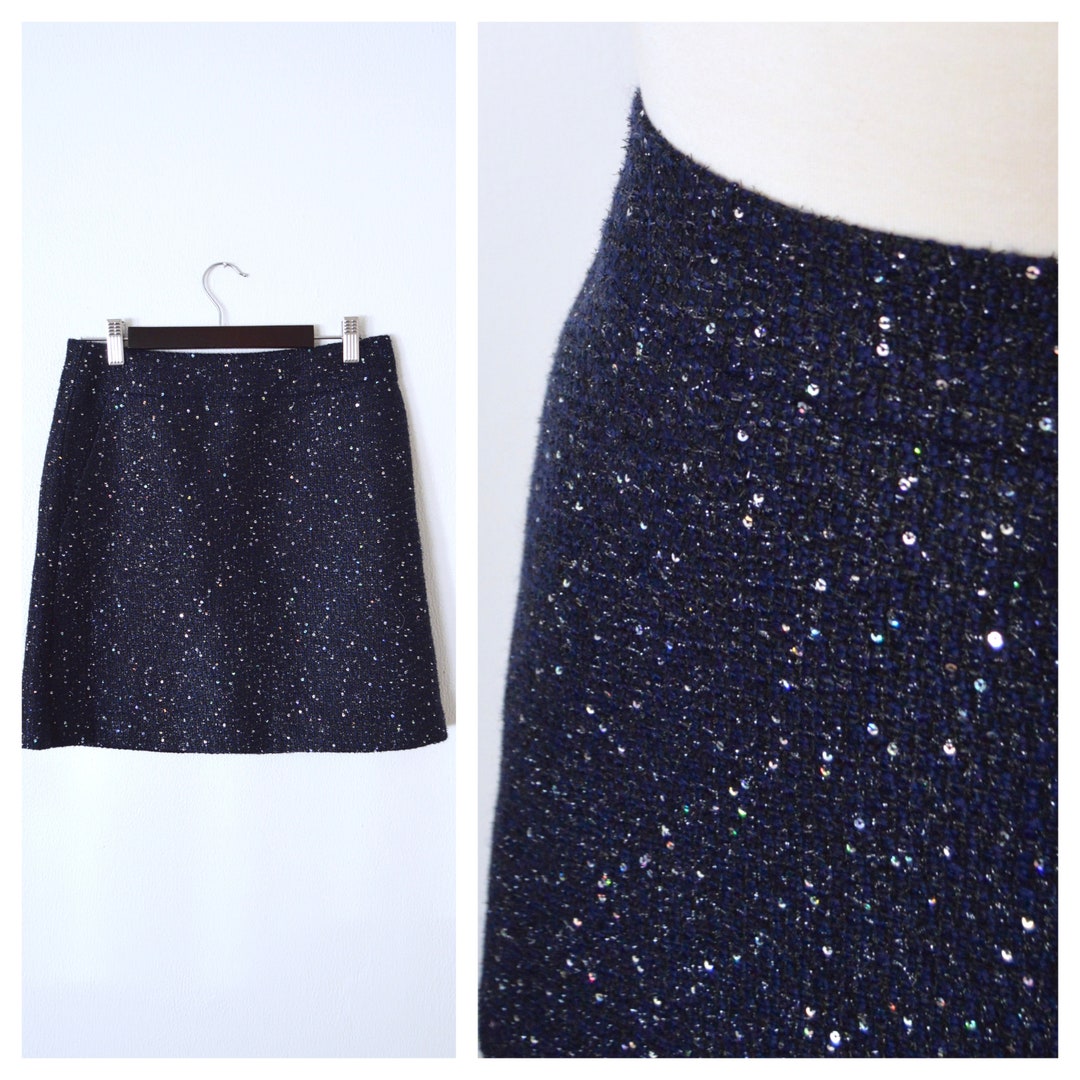 Navy Blue Sequined Pencil Skirt Sparkly Sequin Tweed Skirt ANN