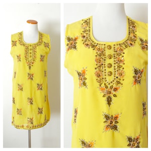 Yellow Georgette Kameez Tunic | Sequin Beaded Indian Tunic Dress Blouse | Salwar Kameez Sleeveless Tunic Kurti Top Womens Small