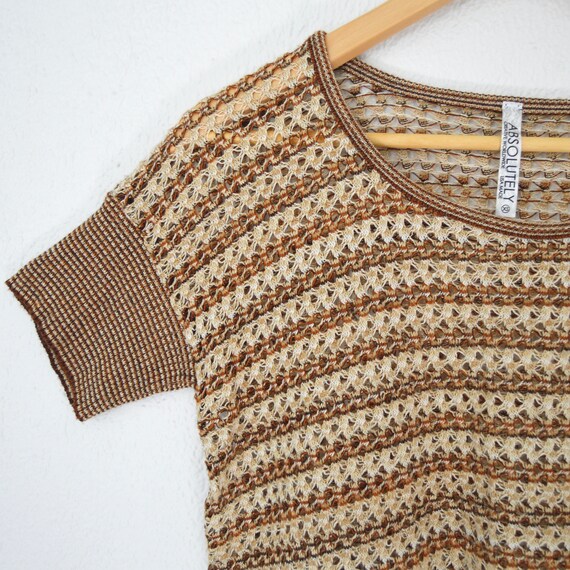 Brown Crochet Knit Blouse Short Sleeve Open Knit … - image 7