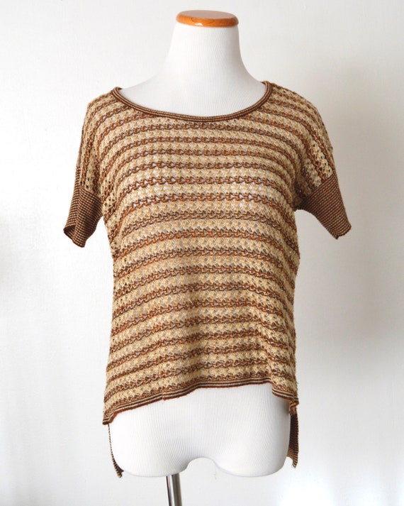 Brown Crochet Knit Blouse Short Sleeve Open Knit … - image 1