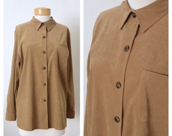 SAG HARBOR 90s Khaki Brown Shirt | Faux Suede Button Down Collared Shirt | Womens Size Large XL