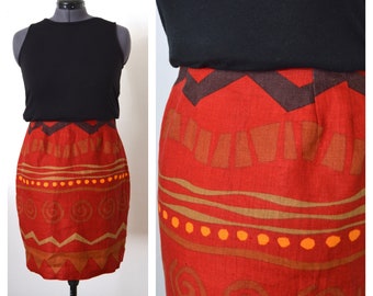 Ellen Tracy Linda Allard Linen Skirt | Red Linen Pencil Skirt | Abstract Patterned Linen Skirt | Size Medium