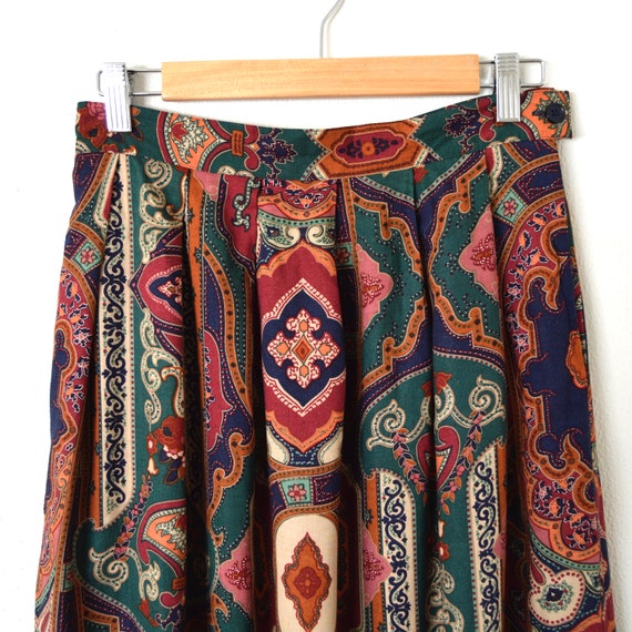 80s Boho India Print Skirt | A Line Pleated Midi … - image 4