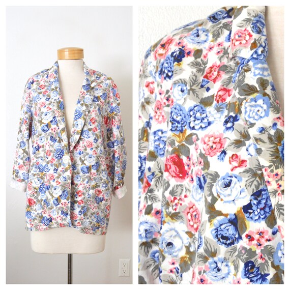 80s Floral Blazer Jacket | Pink & Blue Floral Boh… - image 1