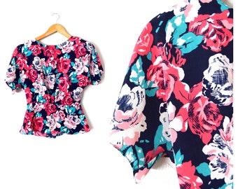 90s Peplum Top | Floral Peplum Blouse Short Sleeve Teal & Pink Floral Peplum Shirt Crinkle Top Cinch Waist Blouse JACLYN SMITH