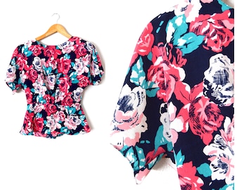 90s Peplum Top / Floral Peplum Blusa de manga corta Teal & Pink Floral Peplum Camisa Crinkle Top Cinch Waist Blusa JACLYN SMITH