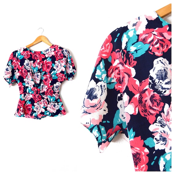 90s Peplum Top | Floral Peplum Blouse Short Sleeve