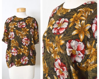 90s Rayon Floral Blouse | Tropical Floral Hawaiian Top Pullover Blouse Short Sleeve | Women's Size Large XL
