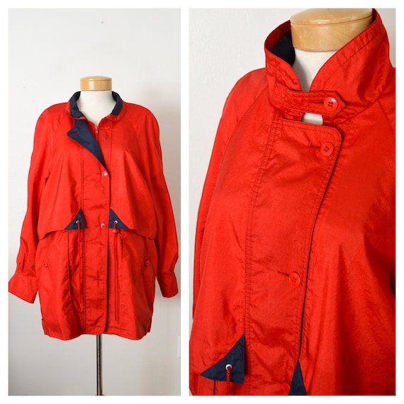 80s Red Windbreaker Parka Jacket | 1980s Long Ath… - image 1