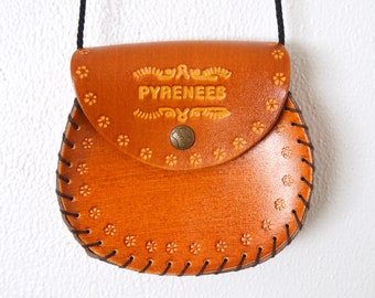 Tooled Leather Crossbody Mini Bag | Cognac Brown Miniature Saddlebag Flap Purse PYRANEES European