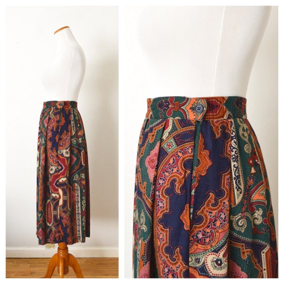 80s Boho India Print Skirt | A Line Pleated Midi … - image 9