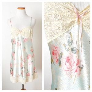 90s Pink Floral Slip Nightgown | Short Lace Satin Chemise | Wedding Lingerie MORGAN TAYLOR INTIMATES Size Small