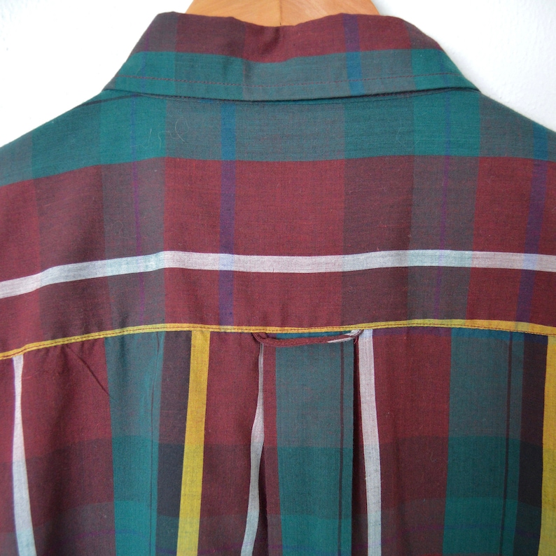 Maroon Hunter Green Dark Plaid Button Down Long Sleeve Shirt Lightweight Cotton Summer Plaid 80s Vintage Plaid Shirt