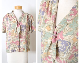 80s ALFRED DUNNER Blouse | Pastel Floral Patterned Tie Neck Ascot Blouse | Women's Size Large