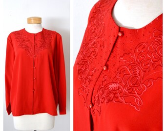 80s Red Floral Embroidered Blouse | Crimson Red Silky Secretary Top | Button Down Dress Shirt Blouse | Women's Size XL