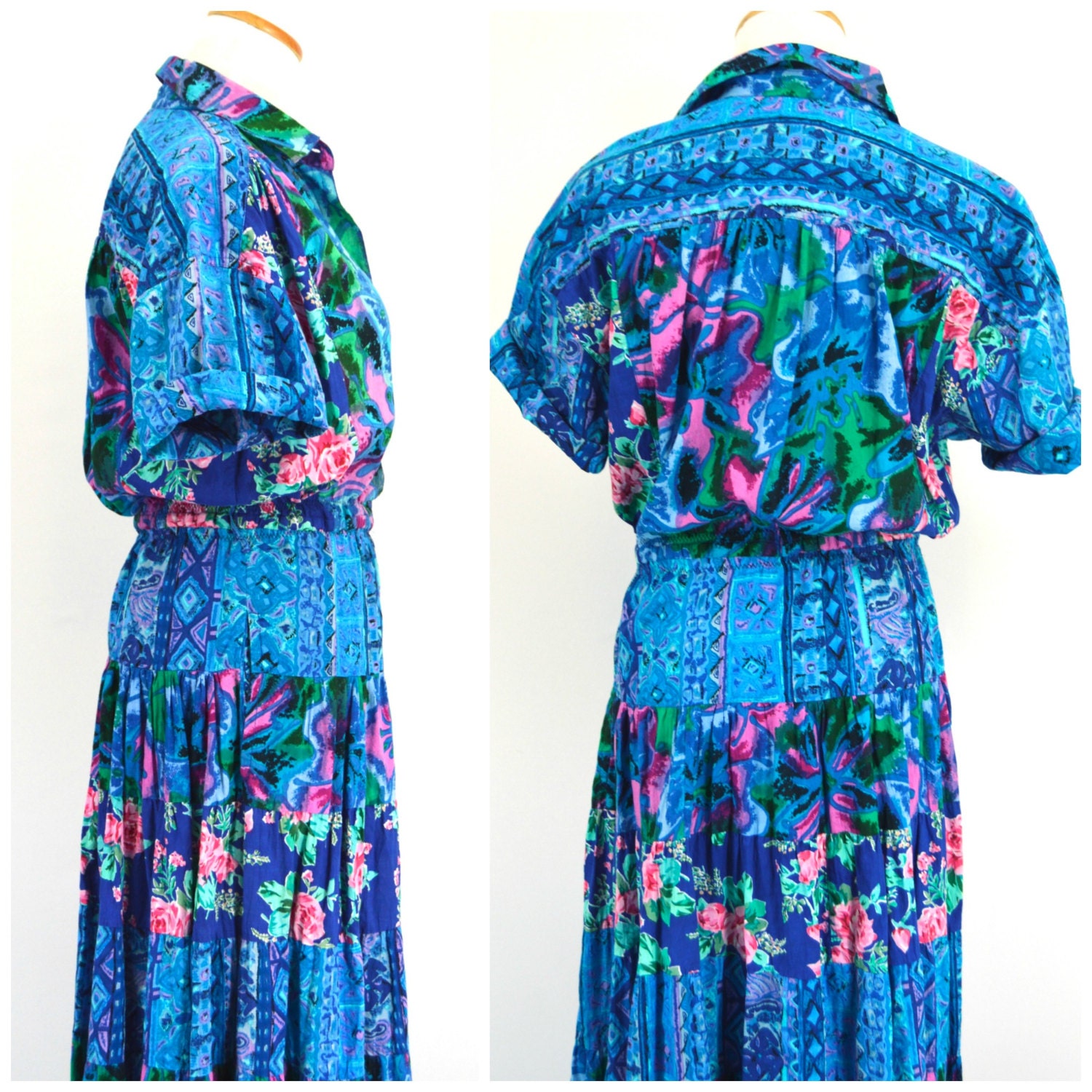Vintage 80s Floral Dress Aqua Blue Tropical Hawaiian Sundress | Etsy