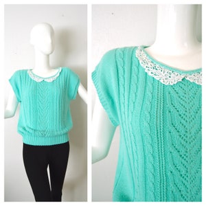 70s Lace Collar Pointelle Sweater | Mint Green Knit Pullover Sweater Blouson Top | Size Small Medium