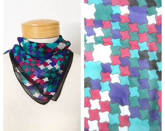 ELAINE GOLD Silk Bandana Neck Scarf | 80s Abstract Patterned Sheer Silk Neckerchief