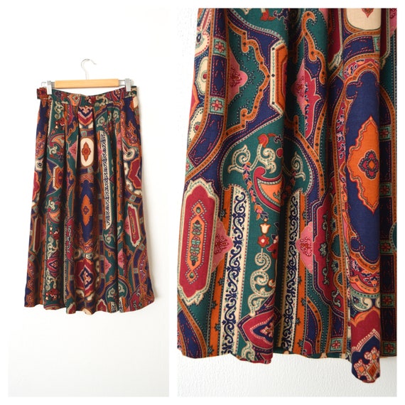 80s Boho India Print Skirt | A Line Pleated Midi … - image 1