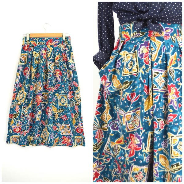 Vintage 80s Tropical Midi Skirt | Turquoise Floral Long Pleated Skirt | Funky Confetti Patterned Playful Skirt | Summer Island Skirt | Small