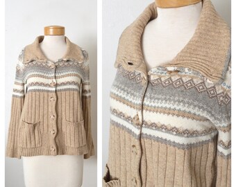 Vintage Eddie Bauer Button Down Cardigan Sweater | Tan brown Nordic Sweater | Funnel Neck Ribbed Sweater Size XS Small